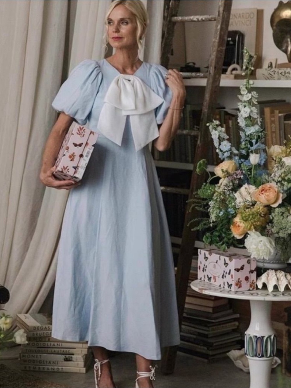 ANTONIO MELANI Light Blue Maxi Dress with Cream Bow Detail